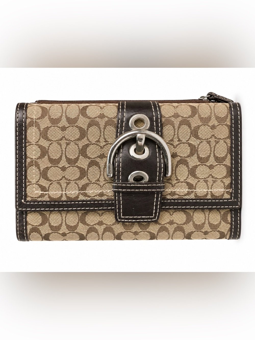 Vintage Coach Signature C Jacquard Buckle Checkbook Wallet Brown